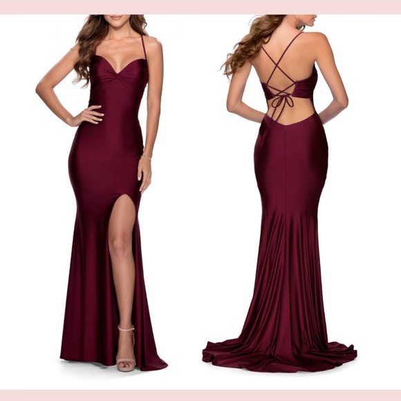 NEW $328 La Femme [‎ 2 ] Strappy Back Jersey Trumpet Gown in Dark Berry - Picture 1 of 14